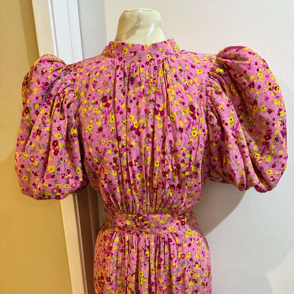 Rotate Floral Jacquard Romantic Puff Sleeves Open Back Midi “Noon” Dress 6 EU 36